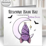 gothic sleeping baby bat on moon birthday, new baby card option to personalise
