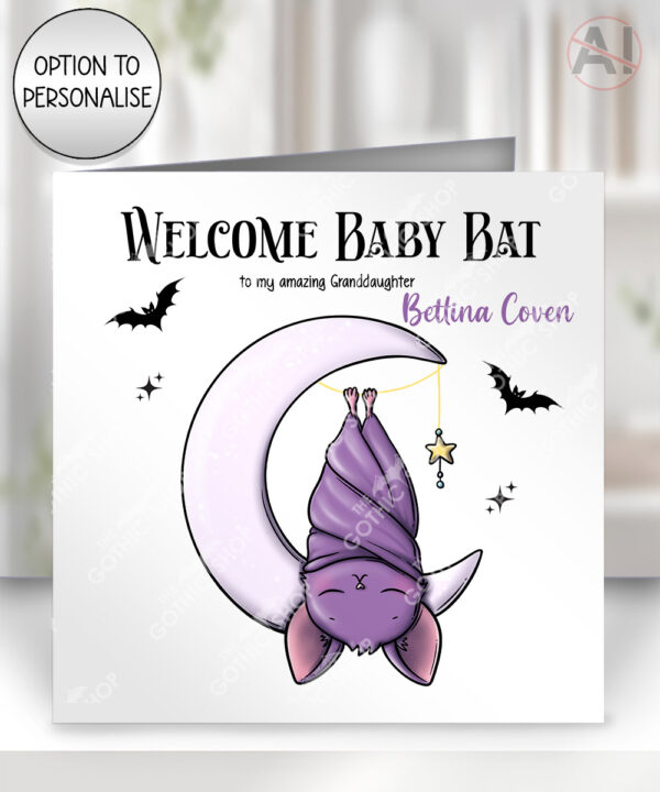gothic sleeping baby bat on moon birthday, new baby card option to personalise
