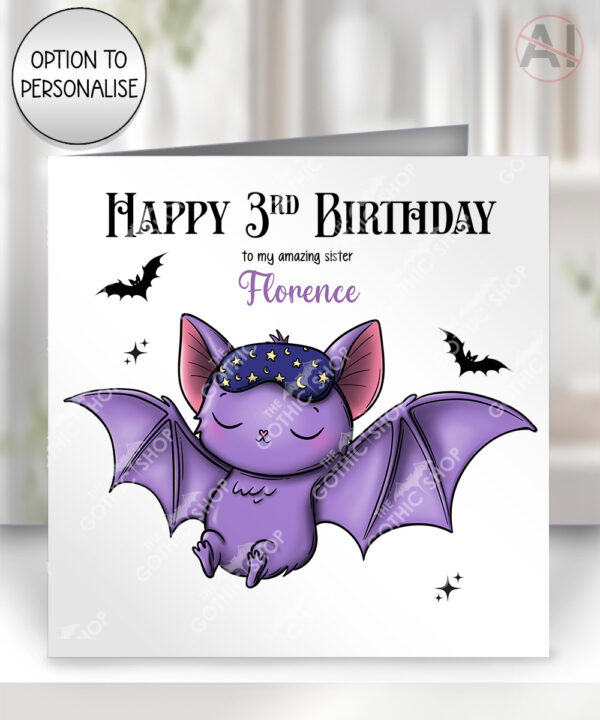 gothic sleeping baby bat with mask birthday, new baby card option to personalise