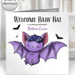 gothic sleeping baby bat with mask birthday, new baby card option to personalise