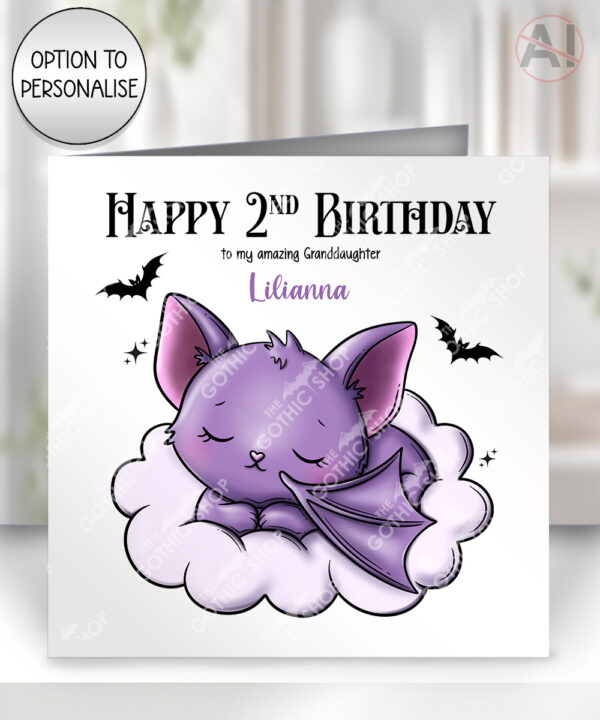 gothic sleeping baby bat on cloud birthday, new baby card option to personalise