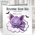 gothic sleeping baby bat on cloud birthday, new baby card option to personalise