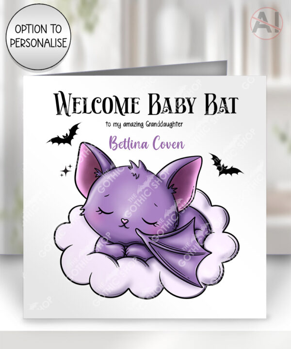 gothic sleeping baby bat on cloud birthday, new baby card option to personalise