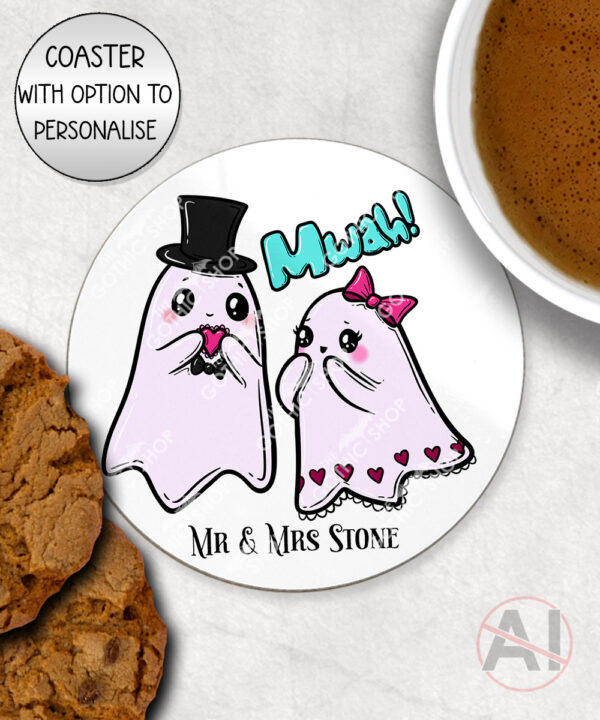 cute gothic ghost couple mug and/or coaster anniversary valentines wedding gift optional to personalise