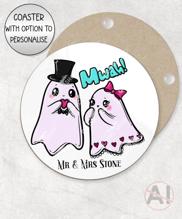 cute gothic ghost couple mug and/or coaster anniversary valentines wedding gift optional to personalise