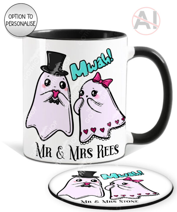 cute gothic ghost couple mug and/or coaster anniversary valentines wedding gift optional to personalise