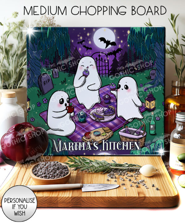 cute gothic ghost picnic glass chopping board option to personalise