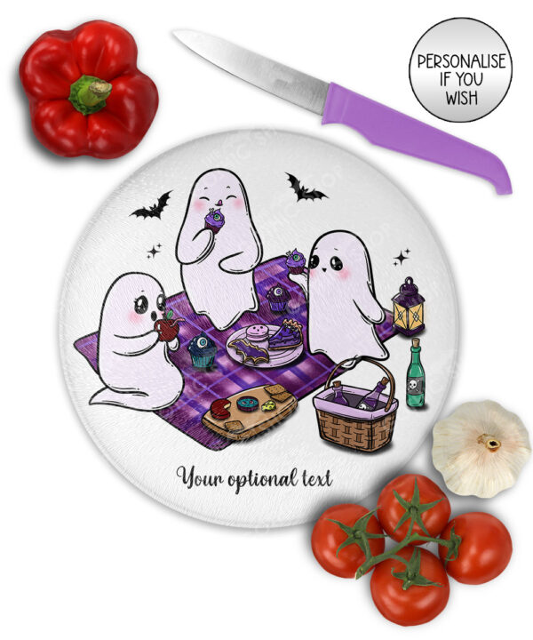 cute gothic ghost picnic glass chopping board option to personalise