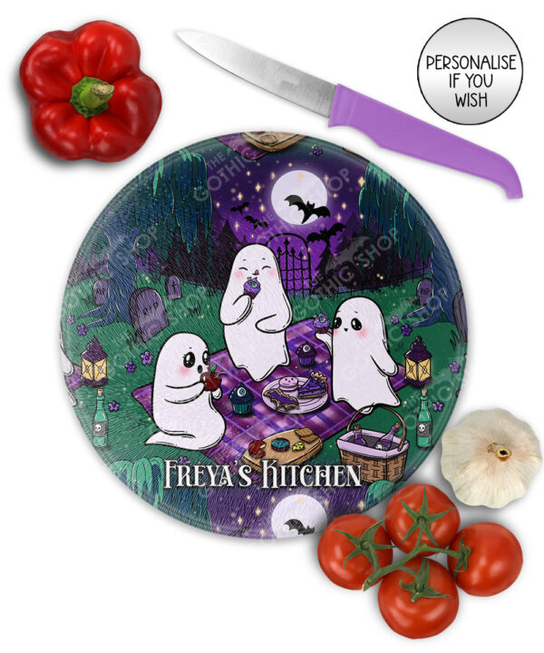 cute gothic ghost picnic glass chopping board option to personalise