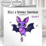 magical kawaii purple bat with potion greetings card optional to personalise