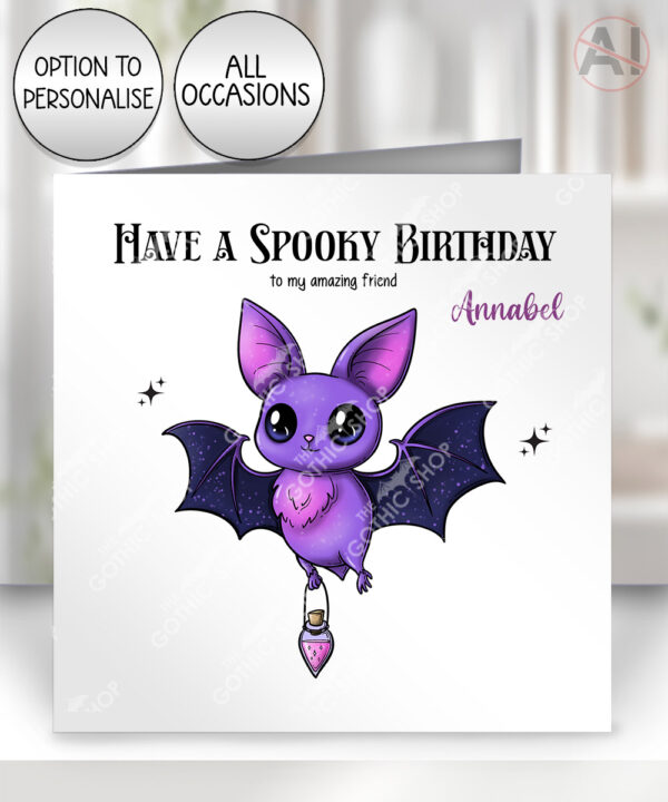 magical kawaii purple bat with potion greetings card optional to personalise