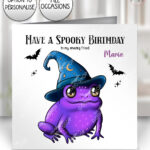 magical kawaii purple witchy frog birthday halloween greeting card optional to personalise