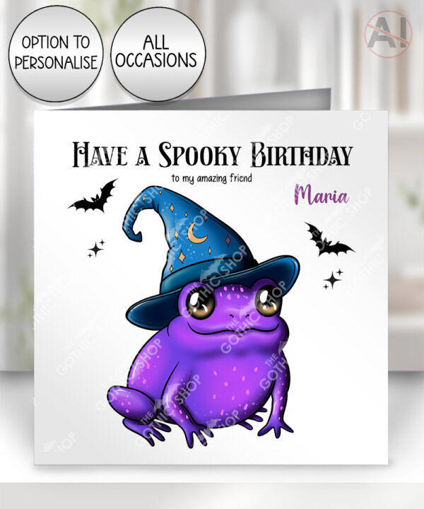 magical kawaii purple witchy frog birthday halloween greeting card optional to personalise