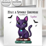 magical kawaii purple cat on books birthday halloween greeting card optional to personalise