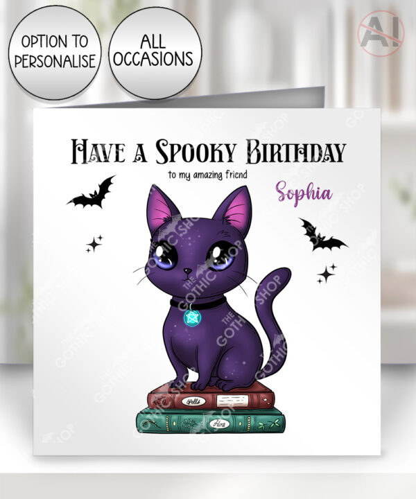 magical kawaii purple cat on books birthday halloween greeting card optional to personalise