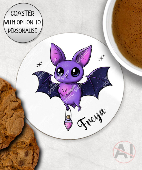 magical kawaii purple bat with potion mug and/or coaster optional to personalise
