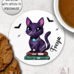 magical kawaii purple witchy cat mug and/or coaster optional to personalise