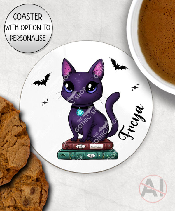 magical kawaii purple witchy cat mug and/or coaster optional to personalise