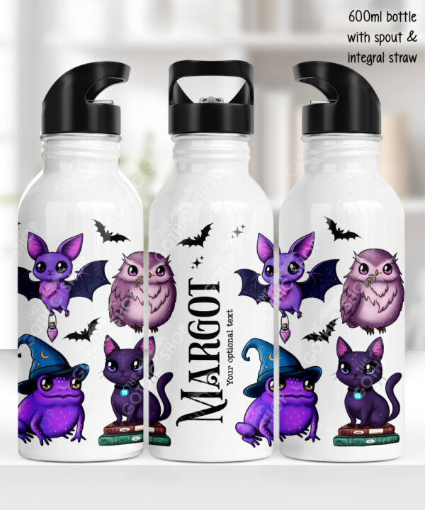 magical familiars cat owl frog bat water bottle option to personalise