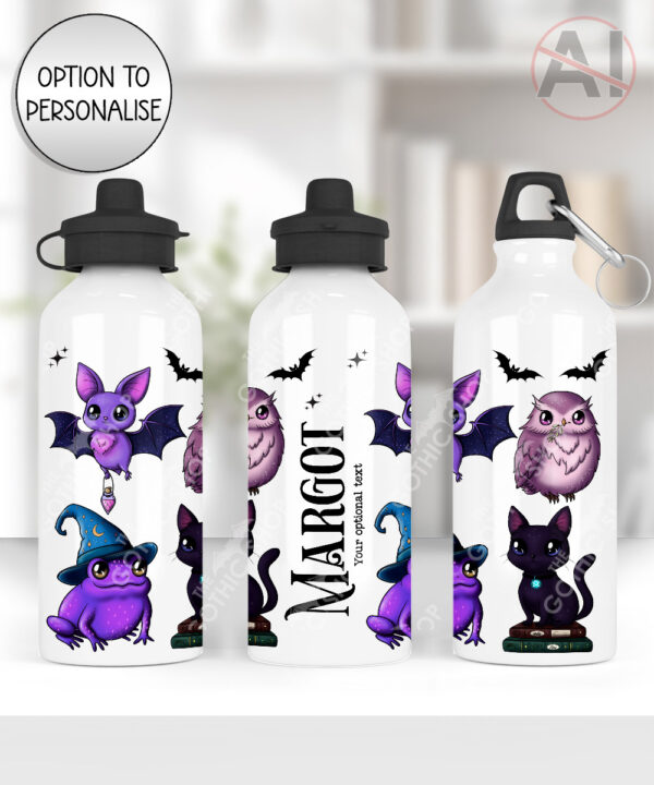 magical familiars cat owl frog bat water bottle option to personalise
