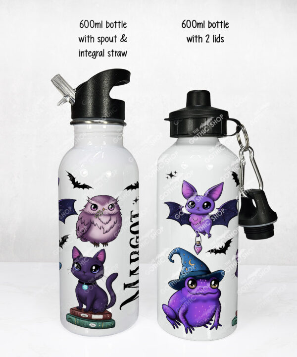 magical familiars cat owl frog bat water bottle option to personalise