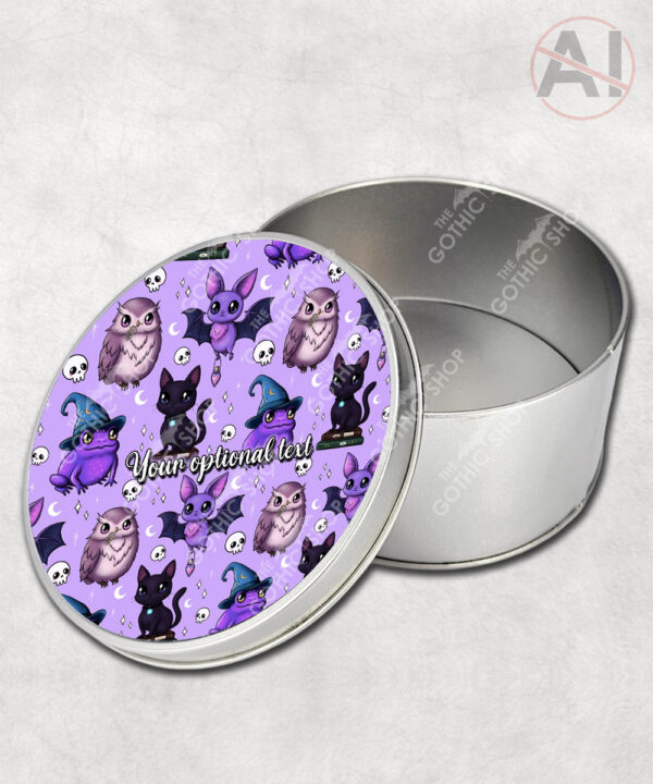 magical familiars kawaii purple gothic witchy storage tin option to personalise