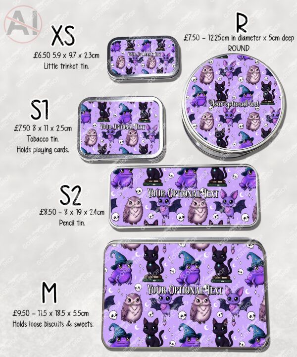 magical familiars kawaii purple gothic witchy storage tin option to personalise