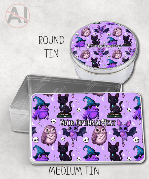 magical familiars kawaii purple gothic witchy storage tin option to personalise