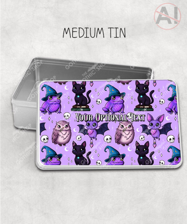 magical familiars kawaii purple gothic witchy storage tin option to personalise