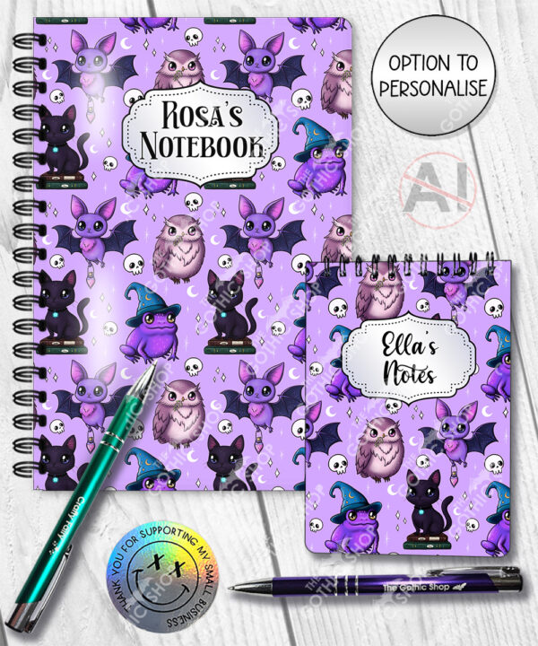 magical familiars kawaii purple gothic witchy notebook journal option to personalise