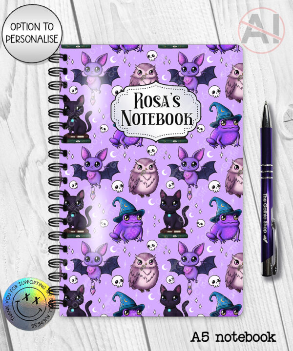 magical familiars kawaii purple gothic witchy notebook journal option to personalise