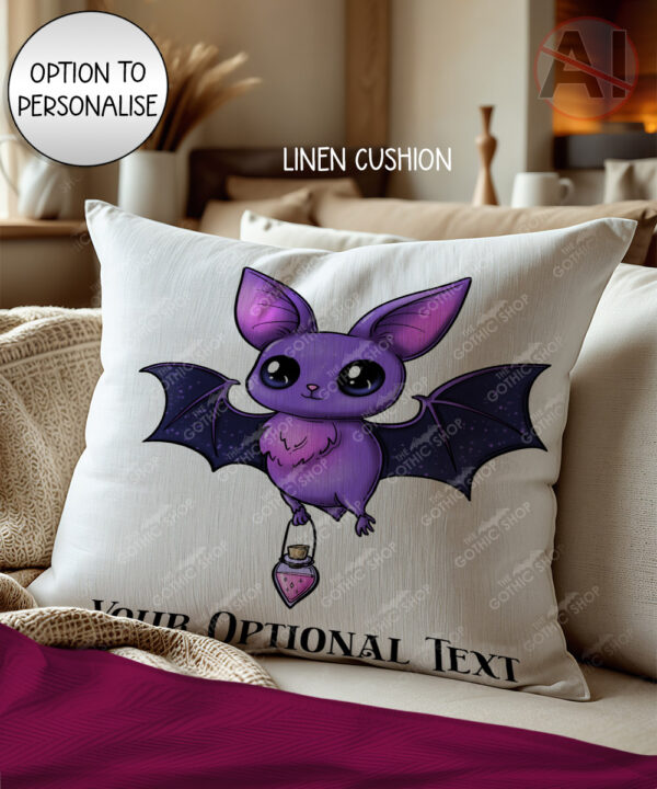 magical familiar kawaii purple bat with potion velvet cushion option to personalise