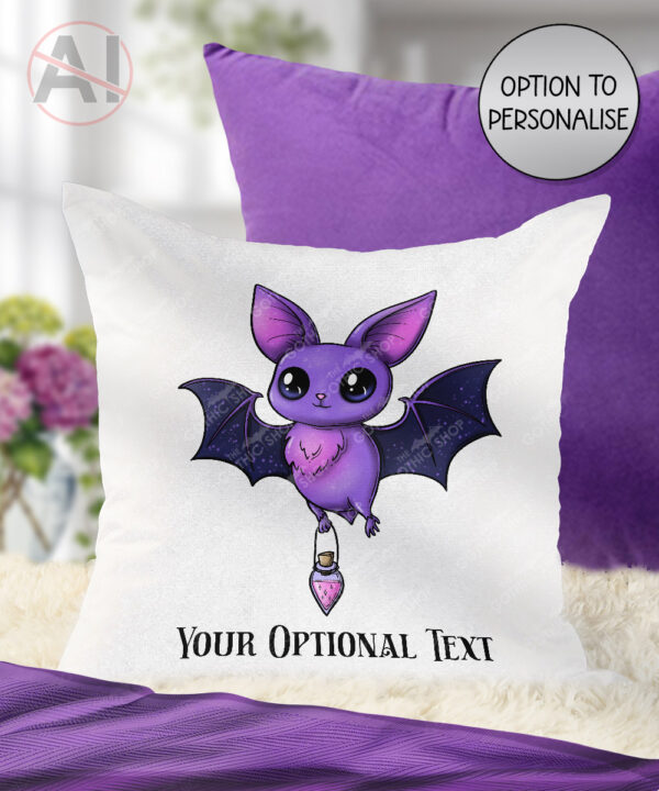magical familiar kawaii purple bat with potion velvet cushion option to personalise