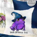magical familiar kawaii purple witchy frog velvet cushion option to personalise