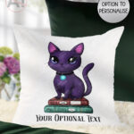 magical familiar kawaii purple cat on books velvet cushion option to personalise