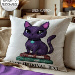 magical familiar kawaii purple cat on books velvet cushion option to personalise