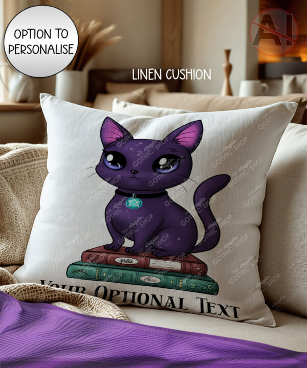 magical familiar kawaii purple cat on books velvet cushion option to personalise