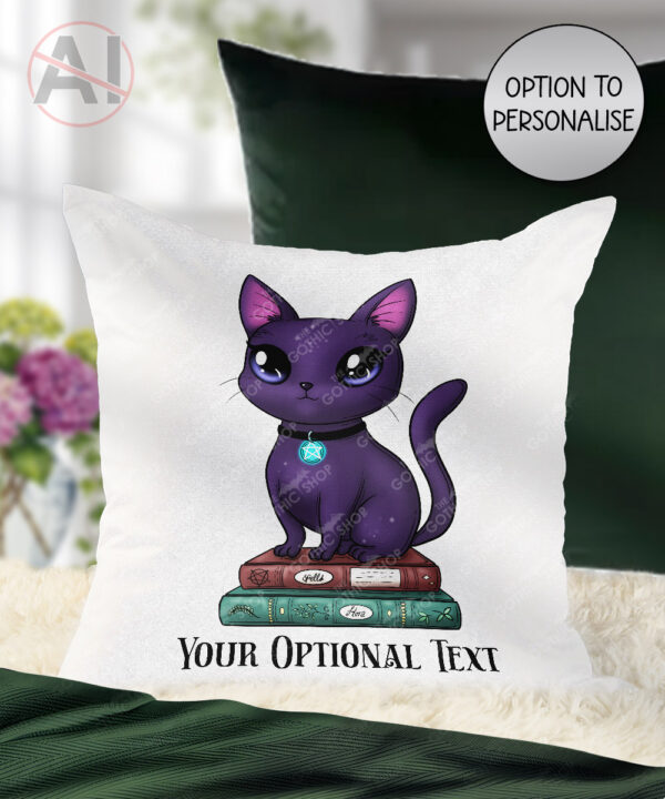 magical familiar kawaii purple cat on books velvet cushion option to personalise