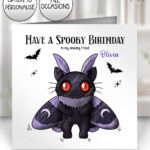 kitty gothic moth birthday halloween greetings card optional to personalise