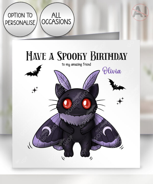 kitty gothic moth birthday halloween greetings card optional to personalise