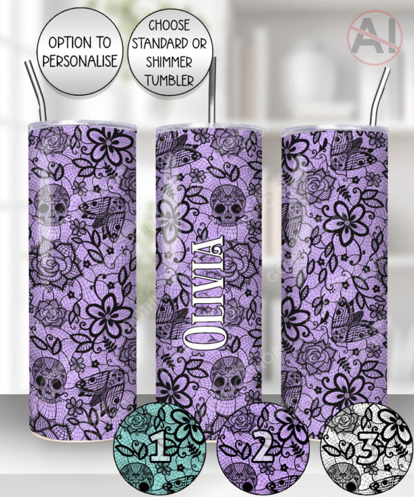 gothic floral lace skull roses moths straight tumbler option to personalise