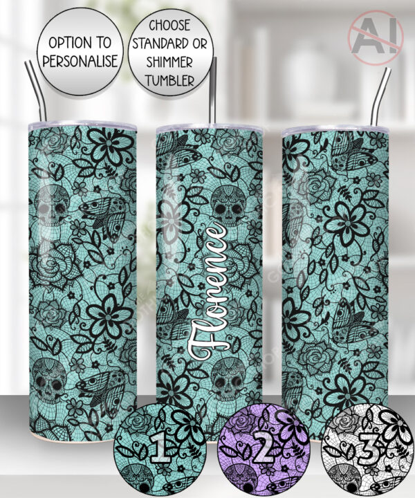 gothic floral lace skull roses moths straight tumbler option to personalise