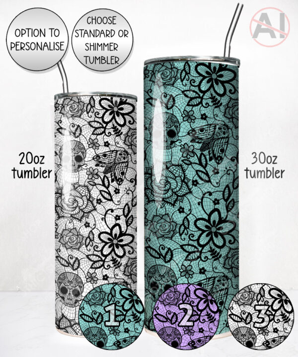 gothic floral lace skull roses moths straight tumbler option to personalise