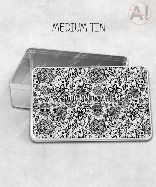 gothic floral lace skull roses moths storage tin option to personalise