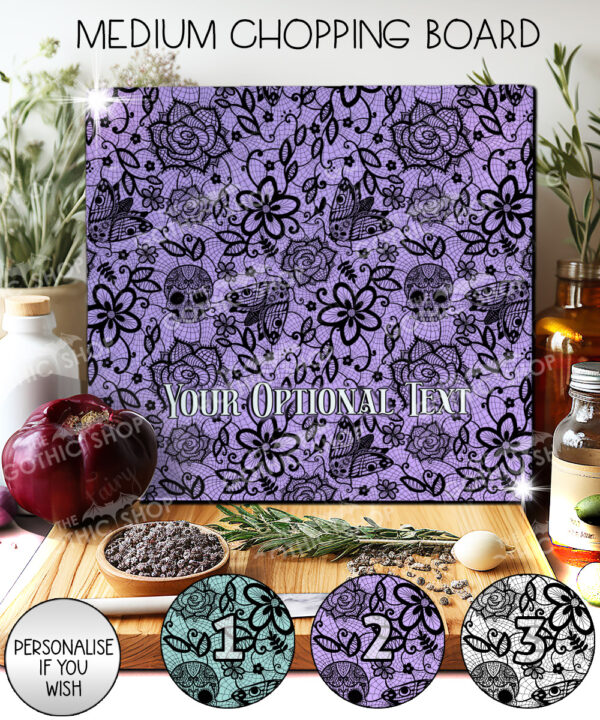 gothic floral lace skull roses moths glass chopping board option to personalise