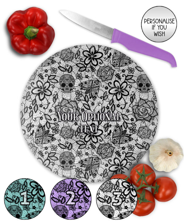 gothic floral lace skull roses moths glass chopping board option to personalise