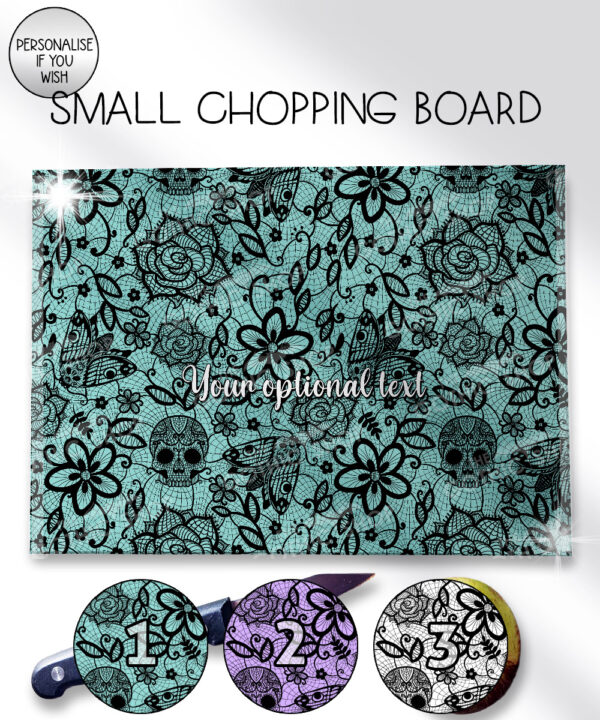 gothic floral lace skull roses moths glass chopping board option to personalise