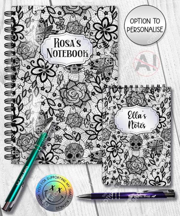 gothic floral lace skull roses moths notebook journal option to personalise