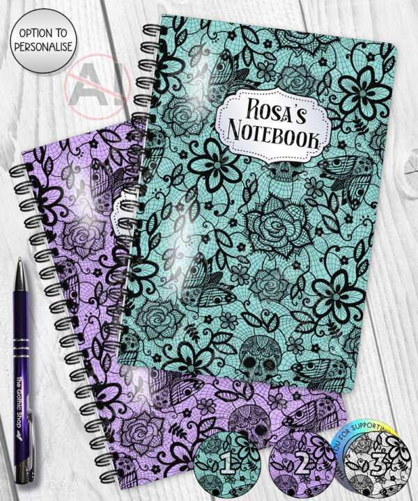 gothic floral lace skull roses moths notebook journal option to personalise