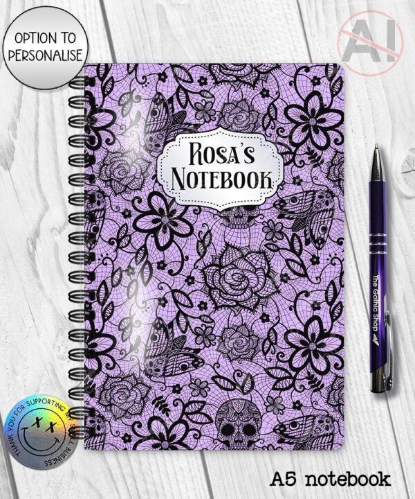 gothic floral lace skull roses moths notebook journal option to personalise